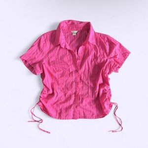 Vintage Hot Pink Cotton Button Up Shirt Ruched Sides Shirt Lightweight